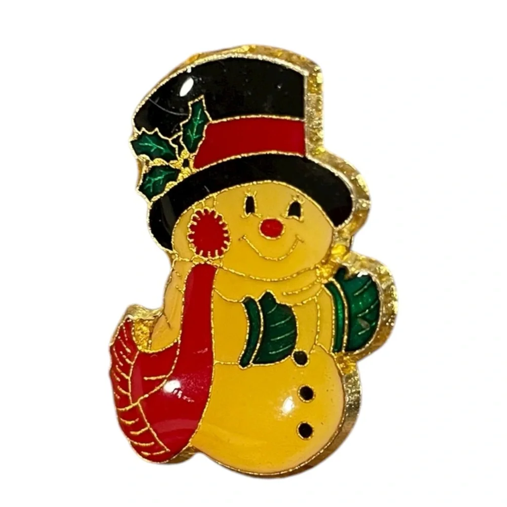 Vintage Cute Enamel Christmas‎ Snowman Hat Scarf Tie Lapel Pin Holiday Cheer